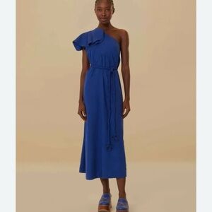 Farm Rio women's navy blue one shoulder leaf maxi dress size small tie waist NWT